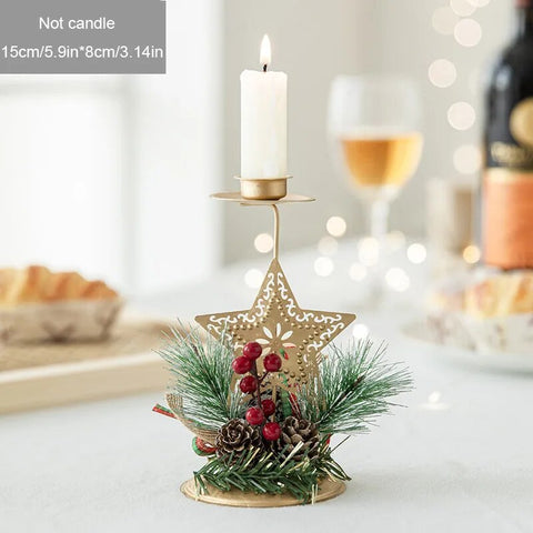 Golden Iron Candlestick with Christmas-Themed Designs